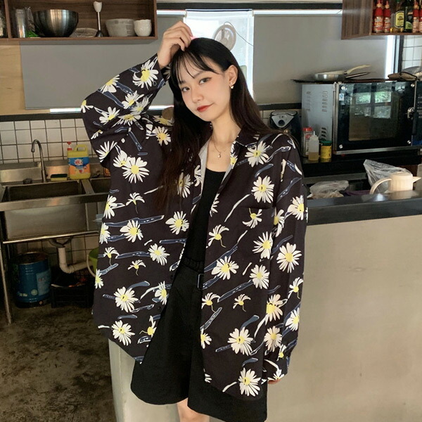 あり 柄シャツ フラワー柄 黒 ビッグシルエット 長袖 衣装 トップス 花柄 韓国ファッション 服 個性的 春服 ダンス 大きいサイズ 秋服 ヒップホップ