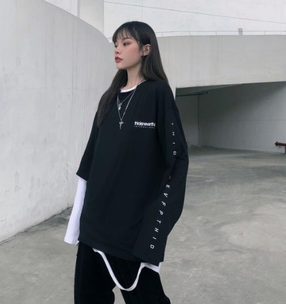 重ね着風 ロゴ 長袖 Tシャツ ロンT 韓国 衣装 原宿系 Y2K K-POP ストリート HIPOHOP ダンス レディース 6T-734