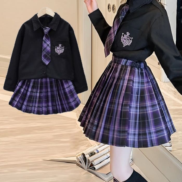 小学生 セットアップ キッズ 女の子 長袖 タイ付き シャツ 2点セット 発表会 制服コーデ 可愛い プリーツ 通学ダンス スカート 韓国 ブラウス