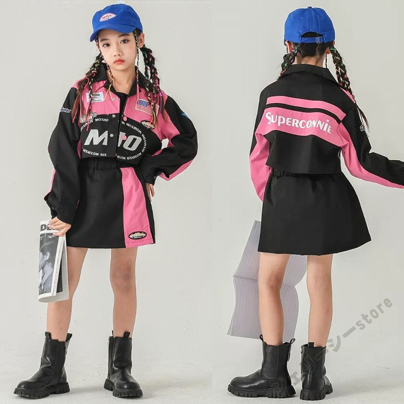 キッズダンス衣装 女の子 ジュニア バイクジャケット ダンス 長袖 ロングパンツ 子供服 男女兼用 カーキ ヒップホップ ジャケット 衣装 韓国