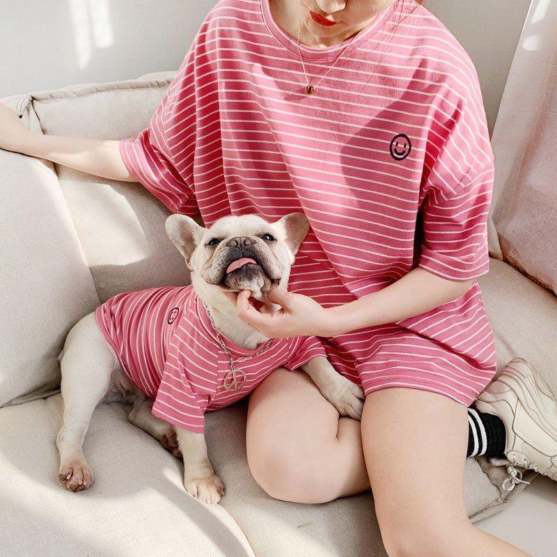 犬の服 ペットとお揃いストライプ Tシャツ ペット親子お揃い ペア犬用 半袖Tシャツ夏服 ドッグウェア 猫の服 小型犬用 お出かけに 犬服親子