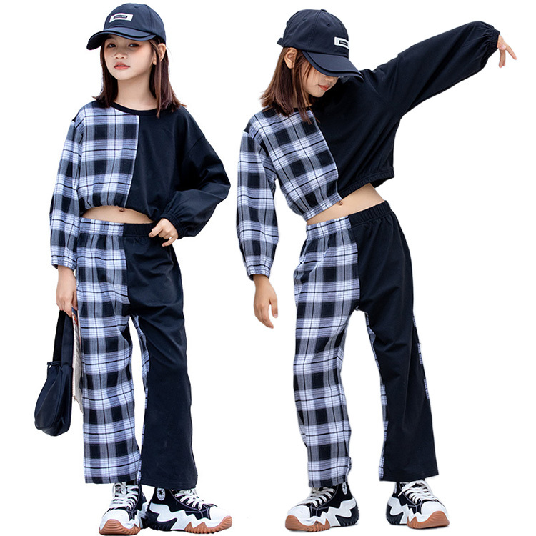 キッズダンス衣装 セットアップ 派手 へそ出し トップス パンツ ジャズダンス チェック柄ｔシャツ ガールズ 女の子 ダンス衣装 練習着 ヒップホップ 韓国