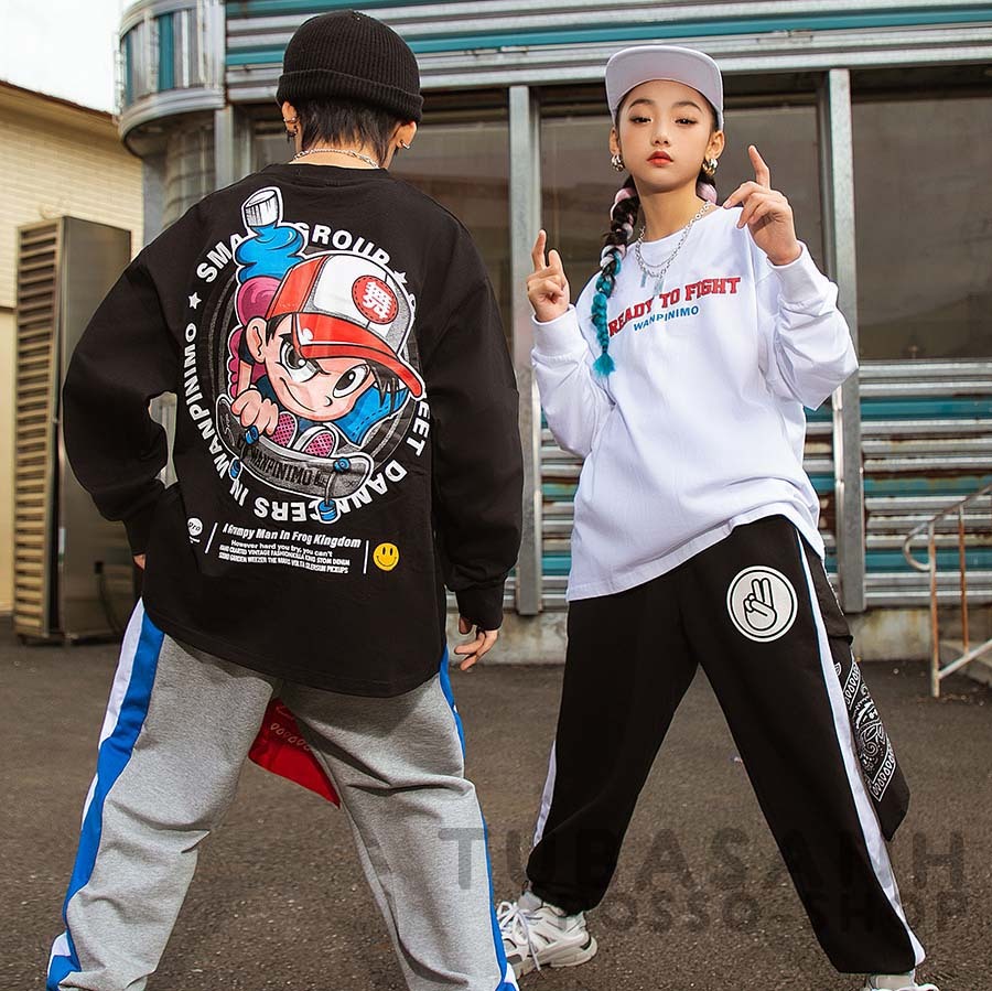 ダンス 衣装 キッズ ガールズ 男の子 春秋 ジャズダンス 黒 練習着 白 灰色 セットアップ HIPHOP