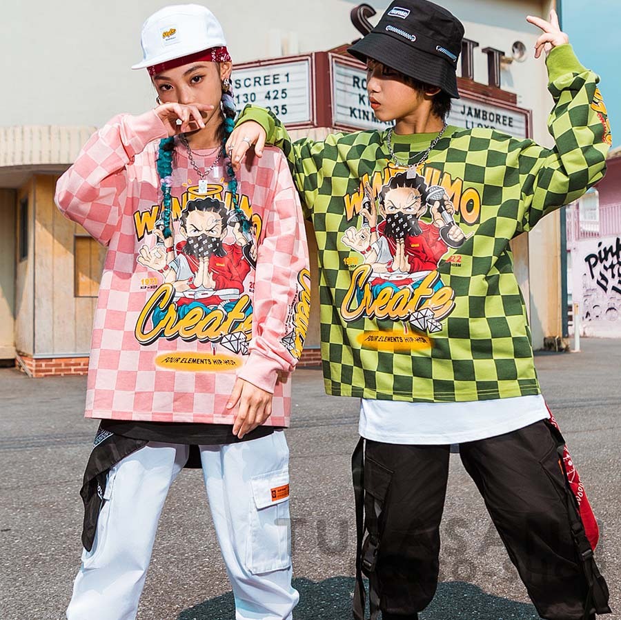 ダンス 衣装 キッズ ガールズ 男の子 春秋 白 ジャズダンス セットアップ チェック 練習着 黒 ヒップホップ 緑 ピンク