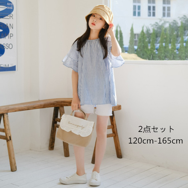 韓国子供服 セットアップ 女の子 夏服 おしゃれ 2点セット ブラウス 上下セット キッズ 通学着 ガールズ カジュアル 可愛い ショートパンツ 半袖 リゾート