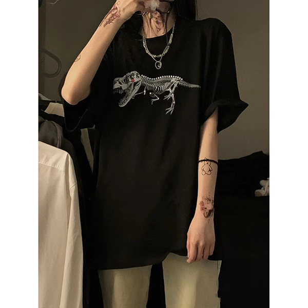 Tシャツ カットソー レディース 大きいサイズ ゆったり 半袖 ヒップホップ 韓国 春夏 ダイナソー 恐竜 ストトファッション 練習着 プリント ダンス衣装