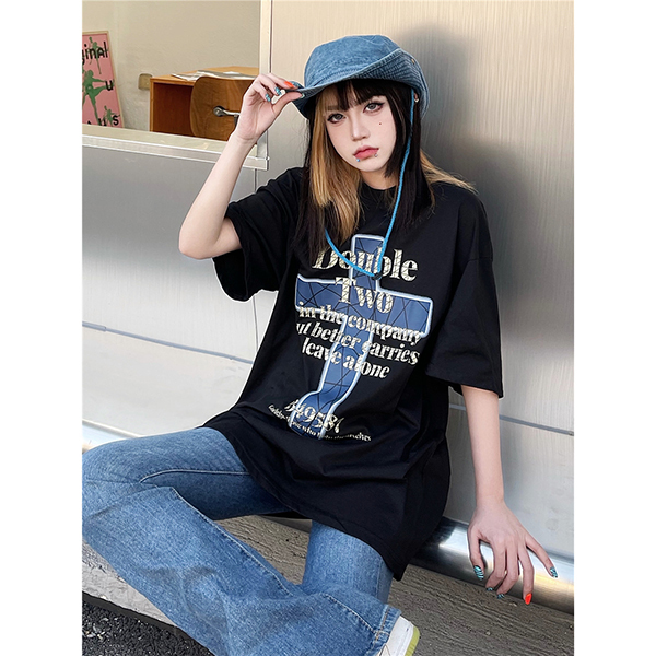 Tシャツ カットソー トップス レディース 大きいサイズ ゆったり ダンス衣装 クロス 練習着 春夏 十字架 ゴスロリ ヒップホップ サブカル 半袖 ストリート