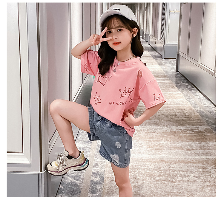 子供服 セットアップ 女の子 半袖 夏 2点セット 新品 通学着 韓国子供服 可愛い Tシャツ 120 150 140 ショートパンツ デニムパンツ 小学生 130 キッズ