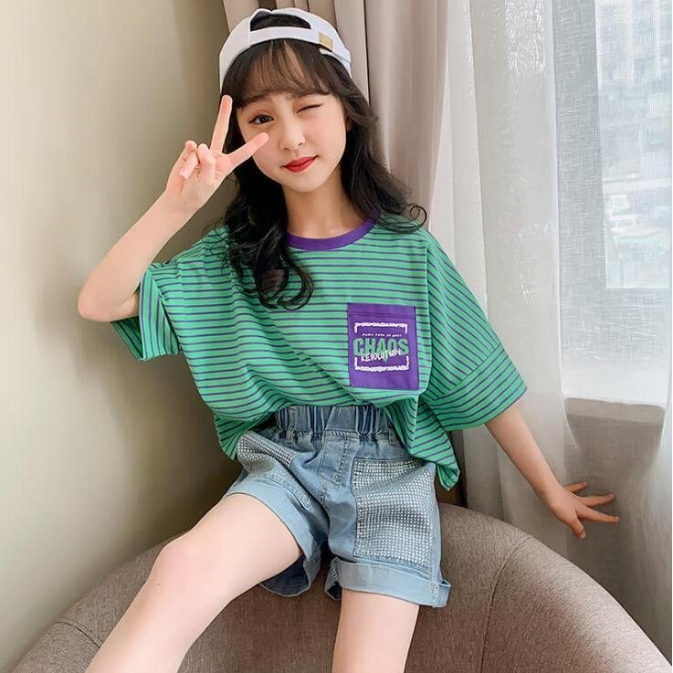 子供服 セットアップ キッズ 女の子 春夏 2点セット 150 半袖 おしゃれ Tシャツ 新品 カジュアル 可愛い ジュニア 上下セット ショートパンツ デニムパンツ