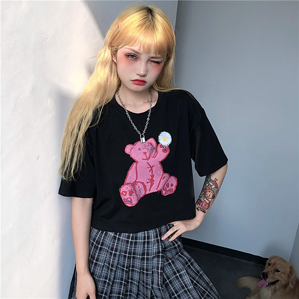 Tシャツ カットソー トップス レディース ショート丈 半袖 クマ 春夏 プリント ダンス衣装 韓国 練習着 ヒップホップ ベアー アニマル ストリートファッション