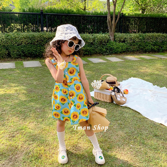 子供服 ワンピース キャミワンピース 子供ワンピース ノースリーブ 子供ドレス ヒマワリ花柄 女の子 DRESS 可愛い キッズ きれいめ 夏 カジュアル 膝丈