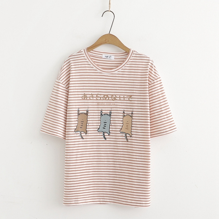 Tシャツ カットソー ボーダー 猫ちゃん 半袖 森ガール レディース