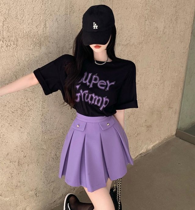 プリーツ ミニスカート 半袖 Tシャツ セット 韓国 Y2K K-POP オルチャン ストリート レディース 原宿系衣装 HIPHOP