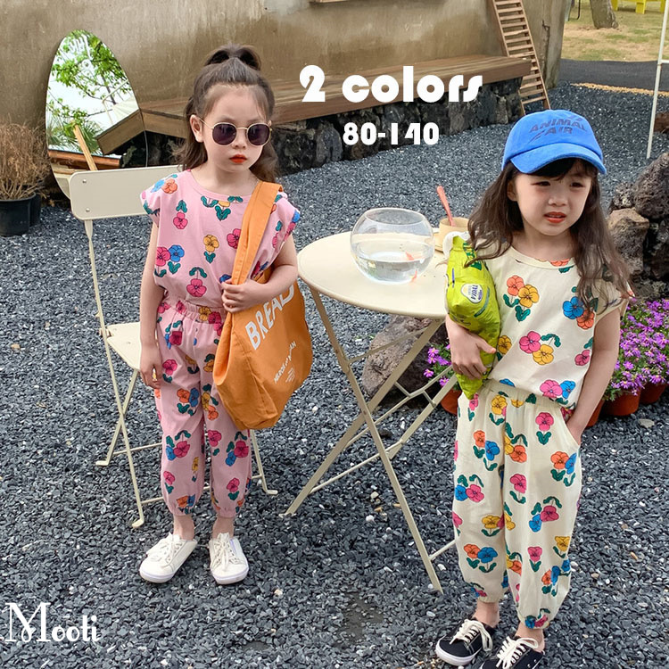 子供服 ２点セットアップ キッズ 女の子 夏 韓国こども服 Tシャツ 花柄 ベビー 九分丈パンツ KIDS 普段着 ジュニア 可愛い 通学着 おしゃれ 半袖 カジュアル 2色