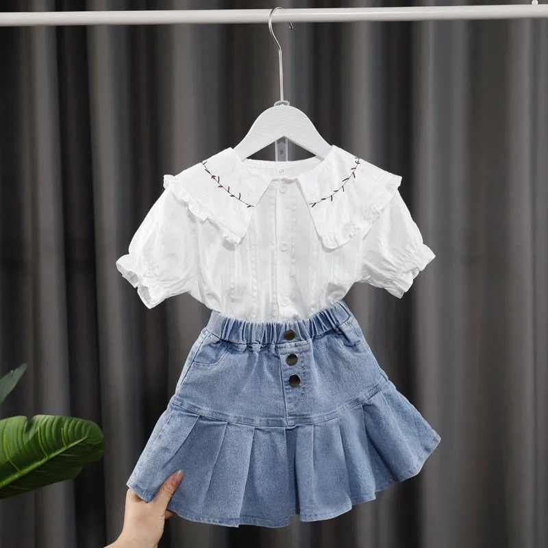 子供服 キッズ 女の子 セットアップ 夏服 ワイシャツ 上下セット 普段着 ショートスカート ミニスカート 半袖 ルームウェア ガールズ カジュアル