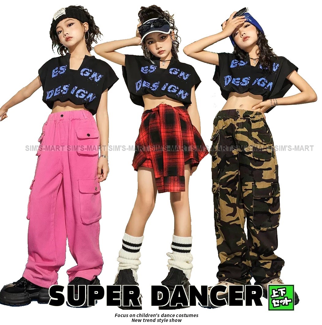 ダンス衣装 キッズ K-POP 韓国 ガールズ ヒップホップ レッスン着 黒ピンク ヘソ出しトップス ダンスウェア 子供ダンス服 迷彩パンツ 赤 パンツ