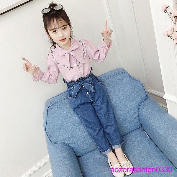 子供服 セットアップ キッズ 女の子 長袖 春秋 デニムパンツ 新品 誕生日 2点セット 可愛い おしゃれ ブラウス ジュニア 上下セット 蝶結び 150CM シャツ