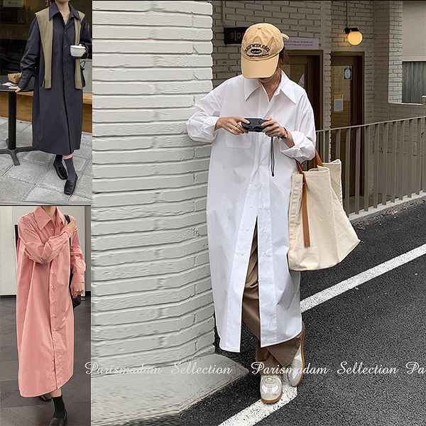 ロングシャツワンピース チュニック 白シャツ 長袖 ミモレ丈 通学 大きいサイズ有り 細く見える SからXXL送料無料20代30代40代50代60代 カジュアル