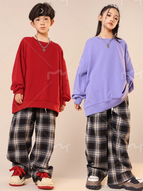 キッズダンス衣装 ヒップホップ 男女 キッズ ダンス セットアップ ダンス服 練習着 チーム 女の子 HIPHOP男の子 チェック柄 薄紫色 赤無地 動きやすい