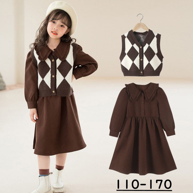 2023新品 ワンピース 長袖 女の子 春 ニットベスト 女の子 春 2点セット キッズ 子供服 キッズ服 110-170 トップス 秋 ベスト セットアップ トップス チェック柄