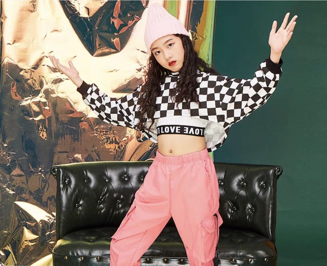 キッズダンス衣装 へそ出しヒップホップ HIPHOP 子供 トップス へそ出し かっこいい 演出服 練習着 ガールズ ブロック柄 派手