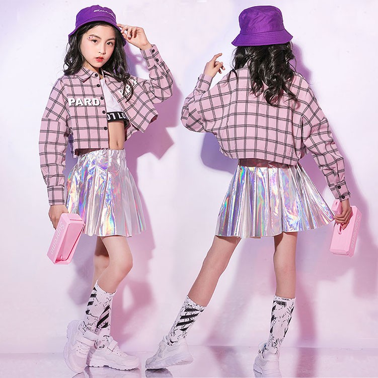 キッズ ダンス衣装 ヒップホップ チェック柄 シャツ へそ出し 女の子 ステージ衣装 トップス ジャズダンス チア チアガール