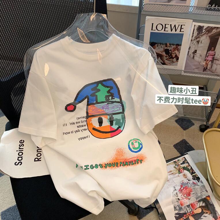 Tシャツ 半袖 夏 安い レディース ゆるTシャツ トップス カートゥーンプリント カラバリ ゆるカットソー ロングT ゆったり