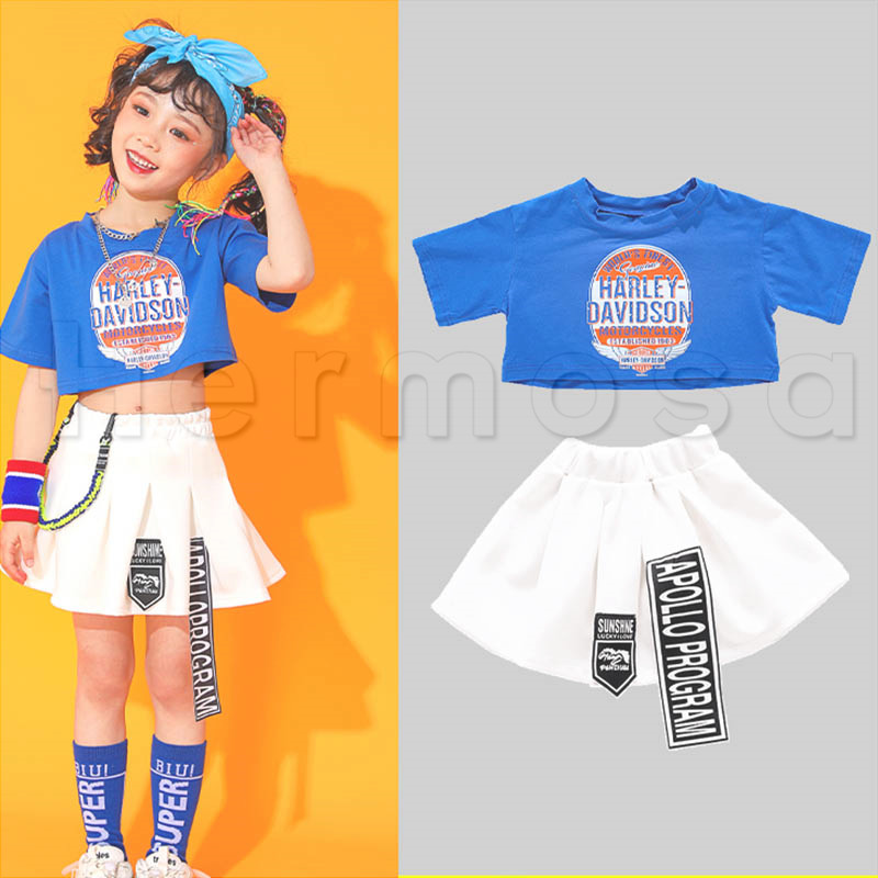 キッズ ダンス 衣装 セット衣装 ヒップホップ風 Tシャツ 女の子 セットアップ 応援団 K-POP 写真色 ブルー キッズ 派手 スカート ダンス ガールズ 送料無料