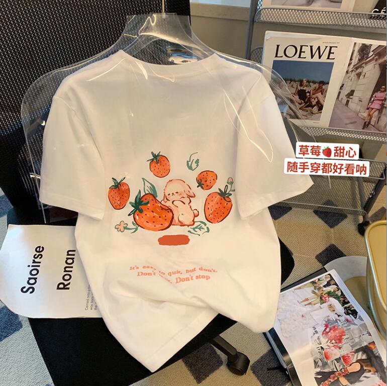 安い レディースTシャツ 半袖 ドロップショルダー ゆったり うさぎ レディース いちごラウンド襟 トップス