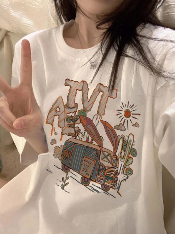 Tシャツ 半袖 夏 安い レディース ゆるTシャツ ロングT カートゥーンプリント カラバリ トップス ゆったり ゆるカットソー