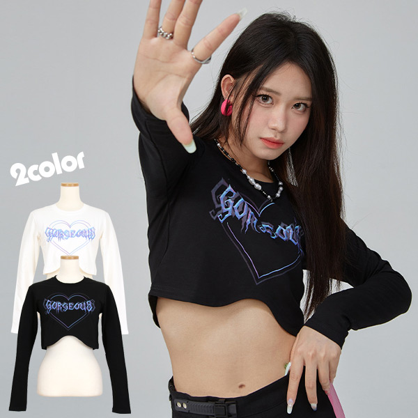 あり ロンT ショート丈 ロゴ ハート プリント Tシャツ コスチューム 長袖 ストレッチ 衣装 ダンス ヒップホップ 韓国ファッション ロンティー トップス