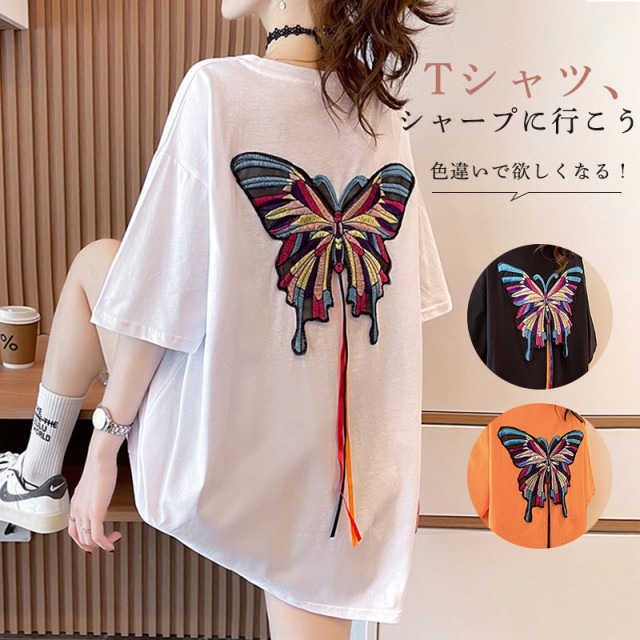 Tシャツ 五分袖 ゆったり レディース トップス ラウンド襟 プルオーバートップス ビッグシルエット刺繍 ロング おしゃれ