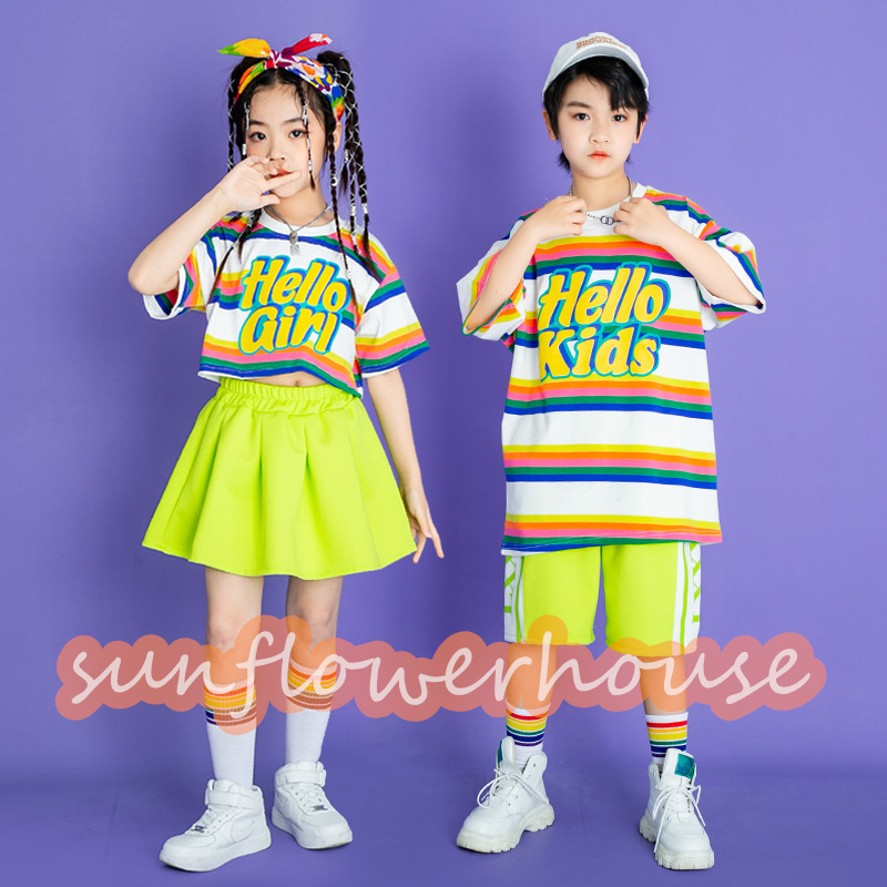 キッズダンス衣装 セットアップ 男の子 Tシャツ パンツ 2点セット スポーツウェア 子供服 虹色 女の子 スカート 派手 ヒップホップ 半袖 チアガール Tシャツ