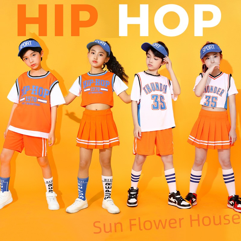 キッズダンス衣装 セットアップ オレンジ色 ヒップホップ HIPHOP KPOP 体操服 演出服 可愛い 子供服 スカート 女の子男の子