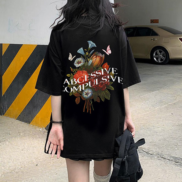 あり Tシャツ ヴィンテージフラワー ビッグシルエットT ロゴ 花 Tシャツ 衣装 韓国ファッション大きいサイズ バックプリント ダンス 半袖T ヒップホップ