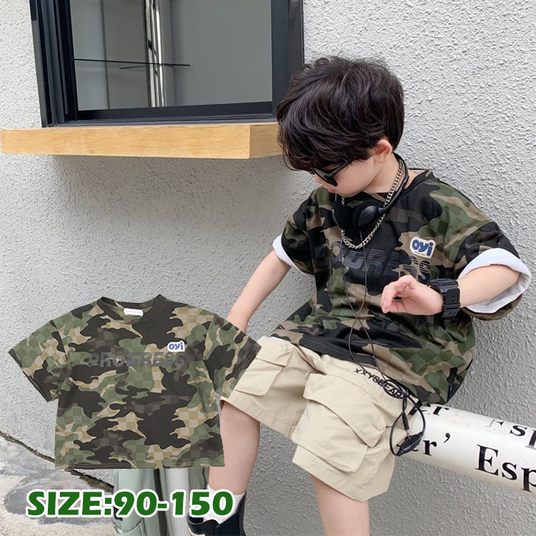 キッズ ジュニア 半袖 Tシャツ カジュアル カットソー あわせやすい 子供服 トップス 男の子 女の子 着やすい 涼しげ デイシンプル 迷彩柄