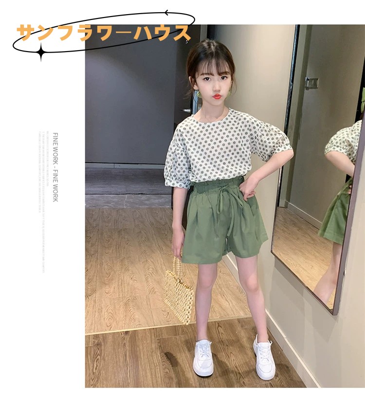 女の子 子供服 上下セット パススリーブ ドットｔシャツ ビンテージ カジュアル ガールズ 夏着 シフォン スカート ゆったり ショートパンツ おしゃれ