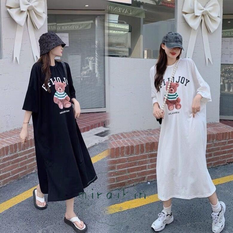 ロングワンピ ワンピース レディース Tシャツ ゆったり 半袖 ロゴ シンプル シンプル リラックス 外出 スリット ロング丈 可愛い クマ Tシャツワンピース 無地