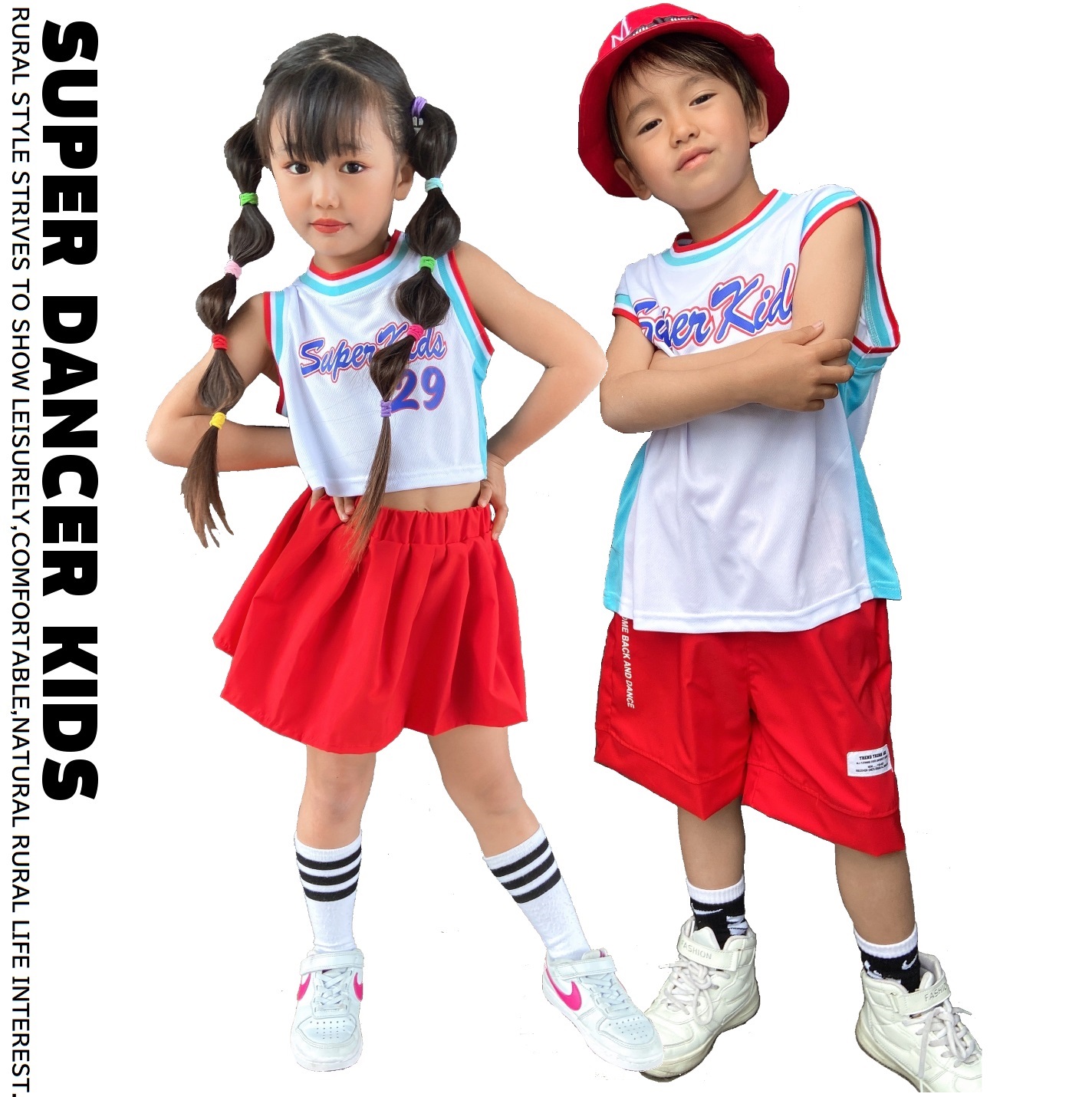 キッズダンス衣装 セットアップ ヒップホップ 子供ダンス服 ダンスウェア 派手 パンツ ケ 赤 Tシャツ ォーム スカート 白