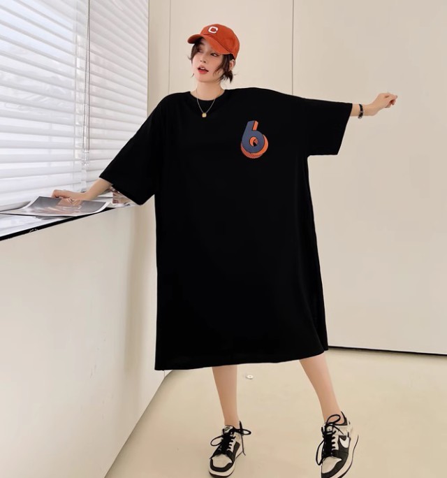 Tシャツワンピース 半袖 ロング ミモレ丈 大きいサイズ 3L ワンピース プリントTシャツ オーバーサイズ 4L 黒 春夏 5L ゆったり レディース 夏