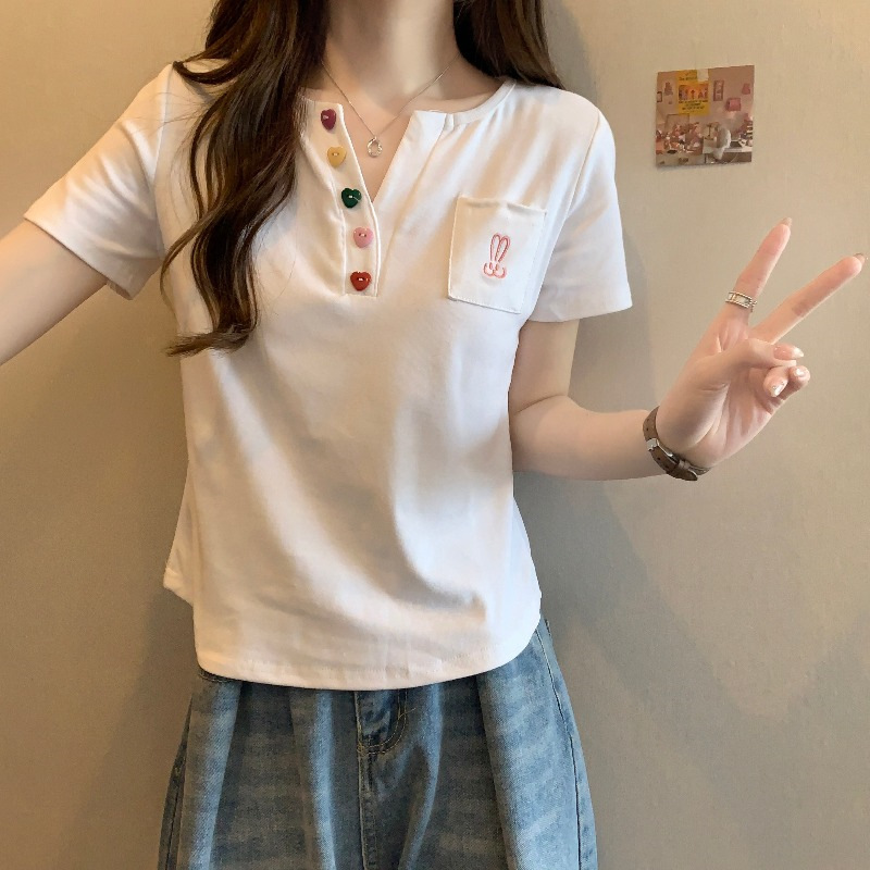 Tシャツ レディース 上衣 半袖 カジュアル ボタン ゆったり 春夏 通勤 普段着 大きいサイズ 女子トップス うさちゃん 通学 お出掛け ポケット 運動着