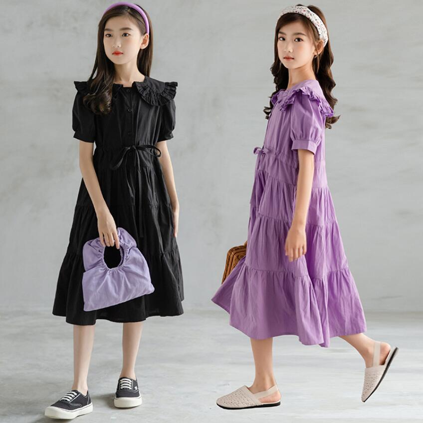 120CM 130CM 140CM 150CM 160CM 165CM子供服 キッズ パープル ブラック 夏プリンセススカート夏服フレアワンピース 女の子半袖ワンピース