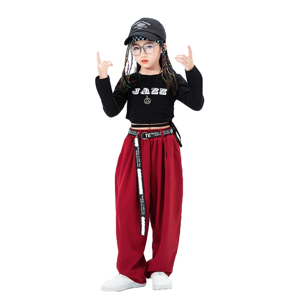 キッズ ダンス衣装 女の子 へそ出し Tシャツ チビシャツ ワイドパンツ ロングパンツ ブラック 赤 長袖 レッド 黒 ダンスウエア ステージ衣装 ゆるパンツ