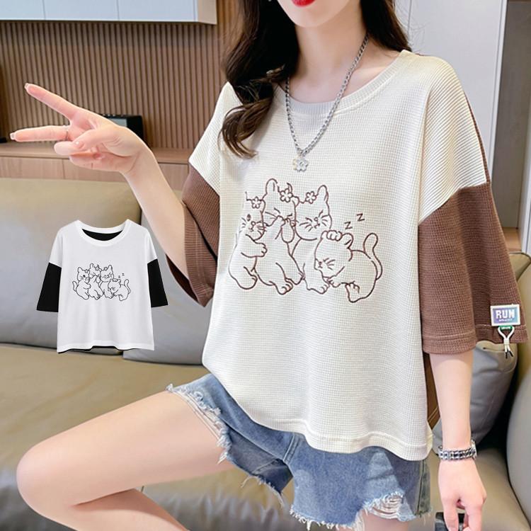 Tシャツ レディース カットソー トップス プルオーバー 半袖 かわいい 配色 ショート丈 バイゆるっと おしゃれ クルーネック プリント