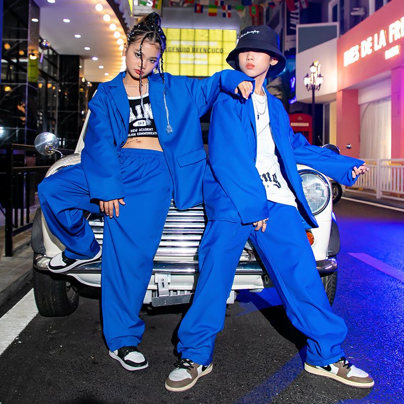 キッズ ダンス衣装 ガールズ ジャズダンス 韓国 HIPHOP JAZZ ベスト 子供 ロックダンス衣装 スラックス ブルー スーツ キッズダンス DANCE