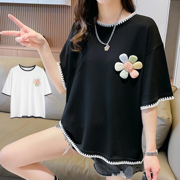 Tシャツ レディース カットソー トップス プルオーバー 半袖 かわいい 2023 花柄 立体感 新作 コットン混 クルーネック ゆるっと 新品 おしゃれ 綿混