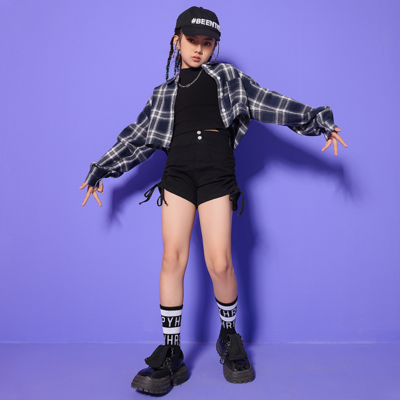 ダンス衣装 キッズ HIPHOP ヒップホップ 男の子 女の子 かっこいい シャツ おしゃれ チェック柄 デニムパンツ へそ出し 韓国 練習着