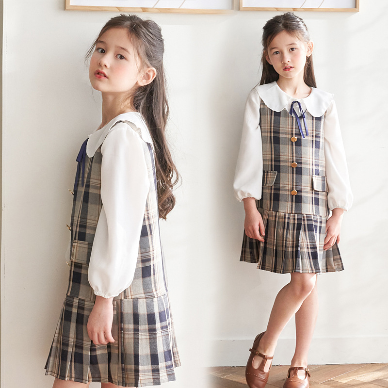 入学式 スーツ 女の子 ワンピース 2点セット 子供服 キッズ フォーマル ブラウス 可愛い ガールズ 通園 チェック柄 子ども服 通学 サスペンダースカート