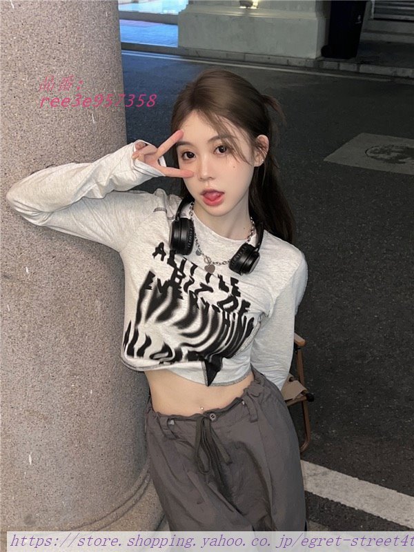 Tシャツ ロンT 韓国 ストト 原宿系 Y2K 6T-777 衣装 ダンス HIPOHOP ショート丈 オルチャン 変形 長袖 レディース アシメ ロゴ